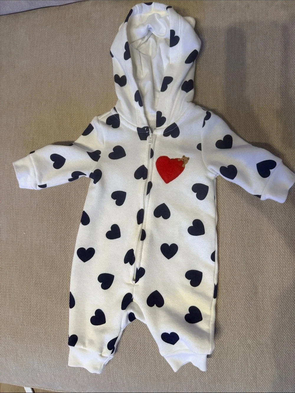 Baby GAP White Hooded One-Piece with Navy Heart Print and Red Heart Patch